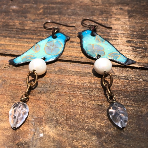 Painted Enamel Bird Pearl Earrings - Picture 9 of 9